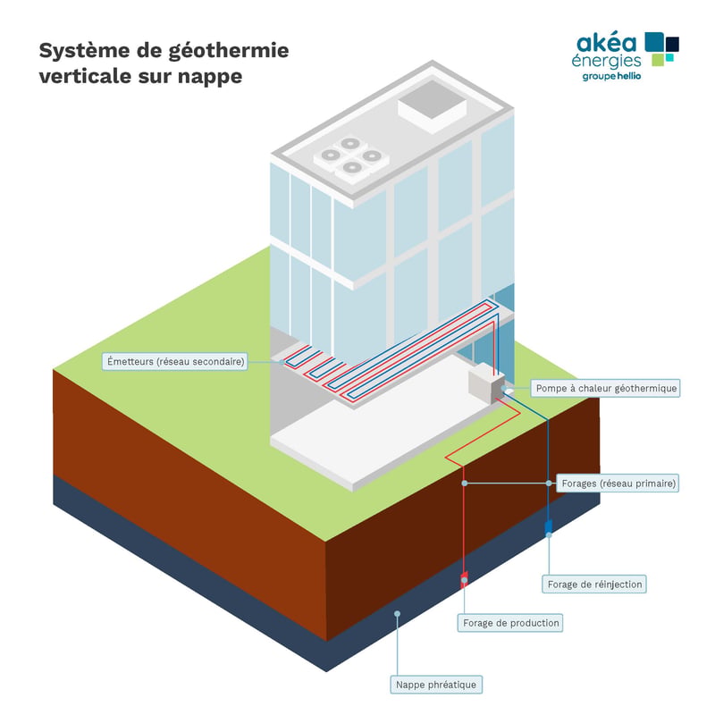 Schéma géothermie verticale sur nappe bâtiment tertiaire